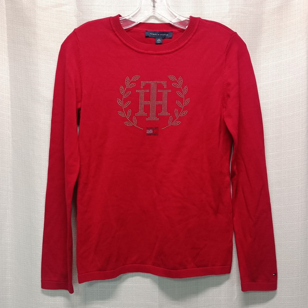 Tommy Hilfiger Red Studded Top Women's XS Long Sleeve Cotton NWT Modern Preppy